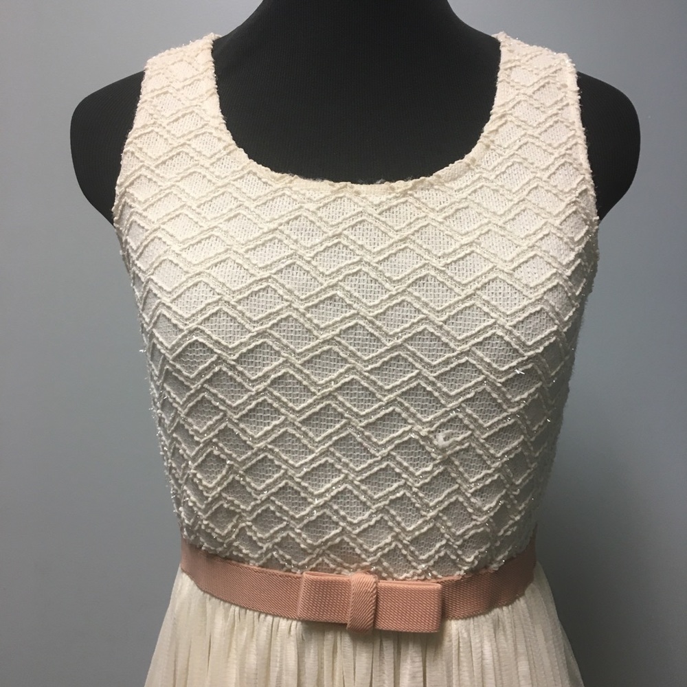 Unique Cream Coloured LongProm Party Dress with Tulle skirt Overlay Bow Accent